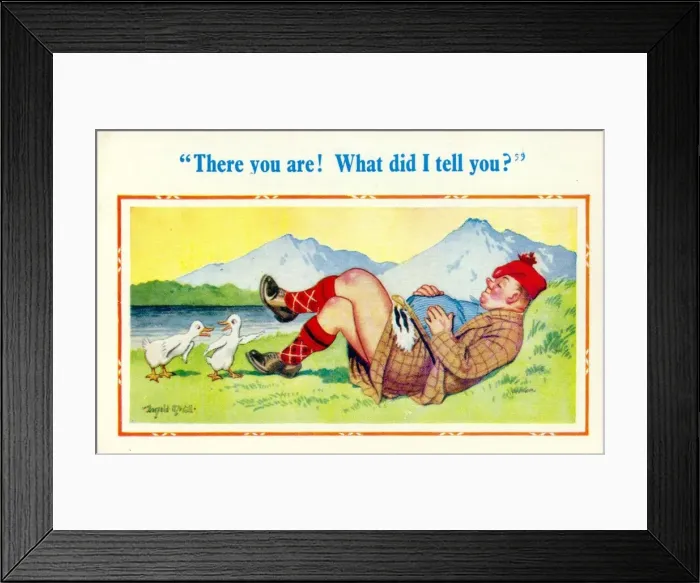 Framed Print : Comic postcard, Two ducks and a sleeping Scotsman Date: 20th century Framed Print : Comic postcard, Two ducks and a sleeping Scotsman Date: 20th century