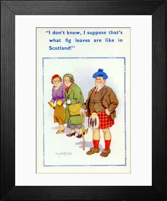 Framed Print : Comic postcard, Two women and a Scotsman Date: 20th century Framed Print : Comic postcard, Two women and a Scotsman Date: 20th century