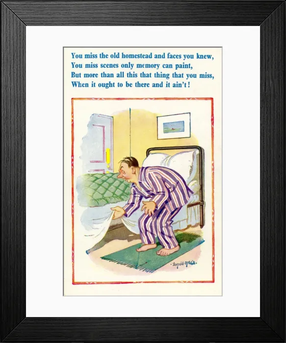 Framed Print : Comic postcard, Man looking under his bed Framed Print : Comic postcard, Man looking under his bed