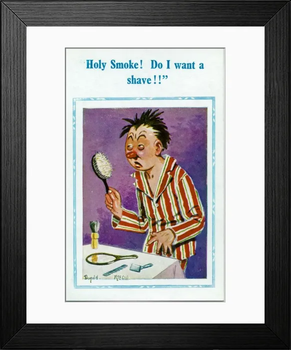 Framed Print : Comic postcard, Man with hangover mistakes his hairbrush for a mirror Date Framed Print : Comic postcard, Man with hangover mistakes his hairbrush for a mirror Date