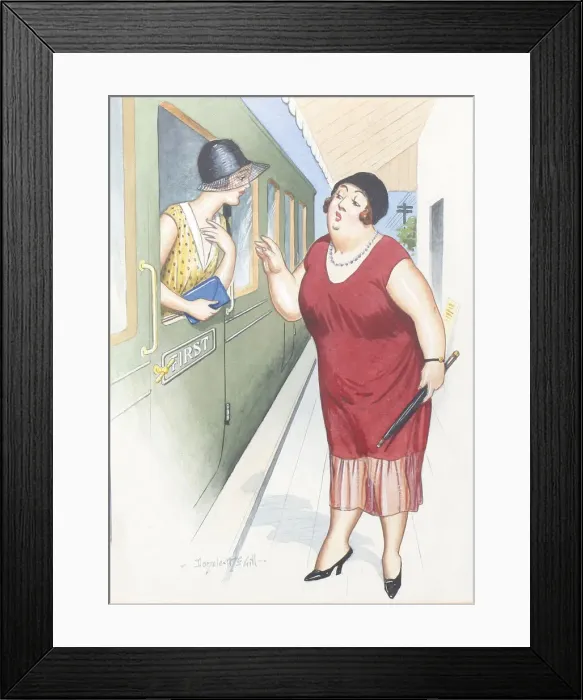 Framed Print : Comic postcard, Mother and daughter at station Framed Print : Comic postcard, Mother and daughter at station