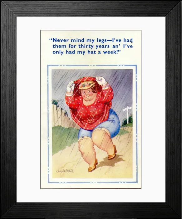 Framed Print : Comic postcard, Plump woman in the rain Date: 20th century Framed Print : Comic postcard, Plump woman in the rain Date: 20th century
