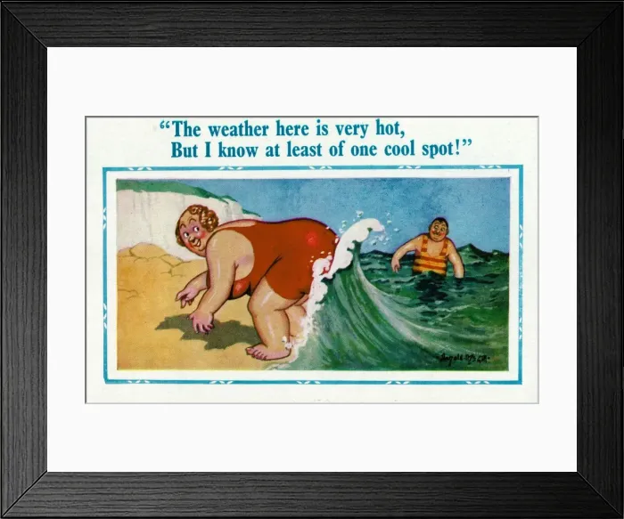 Framed Print : Comic postcard, Large woman keeping cool at the seaside Date: 20th century