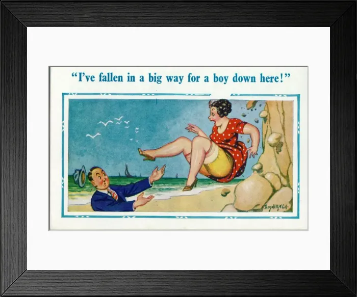 Framed Print : Comic postcard, Woman falling down a cliff onto the beach Framed Print : Comic postcard, Woman falling down a cliff onto the beach