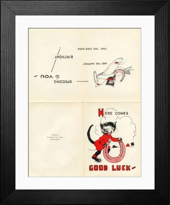 Framed Print : Birthday card, Good Luck, with black cat, aeroplane and horseshoe Date: 20th century Framed Print : Birthday card, Good Luck, with black cat, aeroplane and horseshoe Date: 20th century
