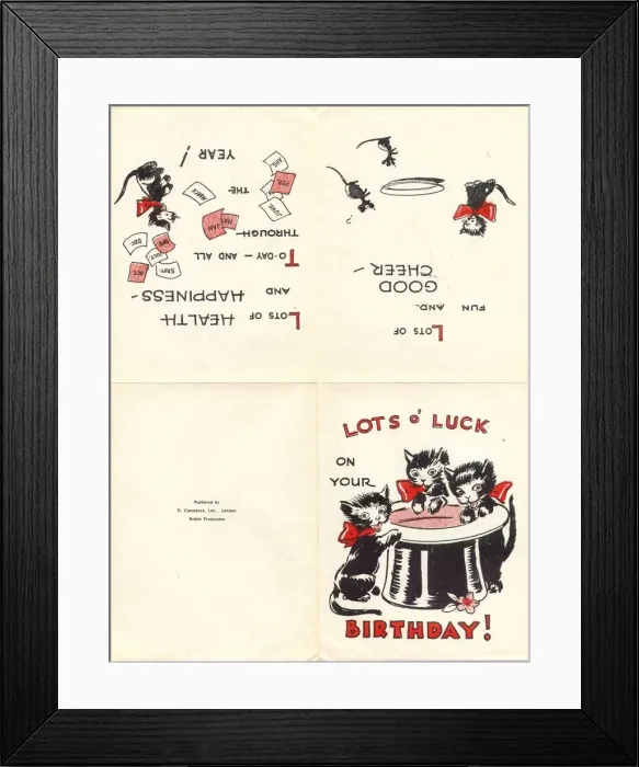 Framed Print : Birthday card, Lots of Luck, with three black cats and a top hat Date: 20th century Framed Print : Birthday card, Lots of Luck, with three black cats and a top hat Date: 20th century