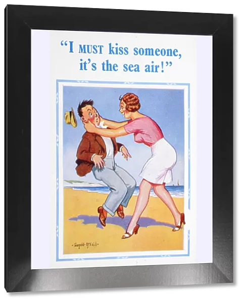 Comic postcard, Couple on the beach Date: circa 1955