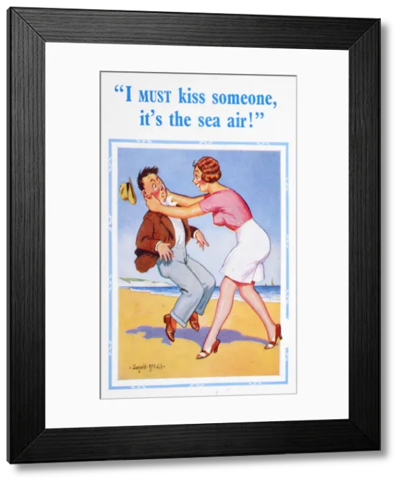 Framed Print : Comic postcard, Couple on the beach Date: circa 1955 Framed Print : Comic postcard, Couple on the beach Date: circa 1955