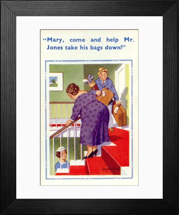 Framed Print : Comic postcard, help with suitcases Framed Print : Comic postcard, help with suitcases