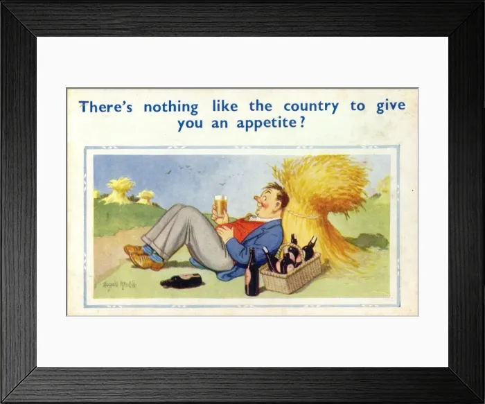 Framed Print : Comic postcard, Man enjoying a drink or two in the countryside Date: 20th century Framed Print : Comic postcard, Man enjoying a drink or two in the countryside Date: 20th century
