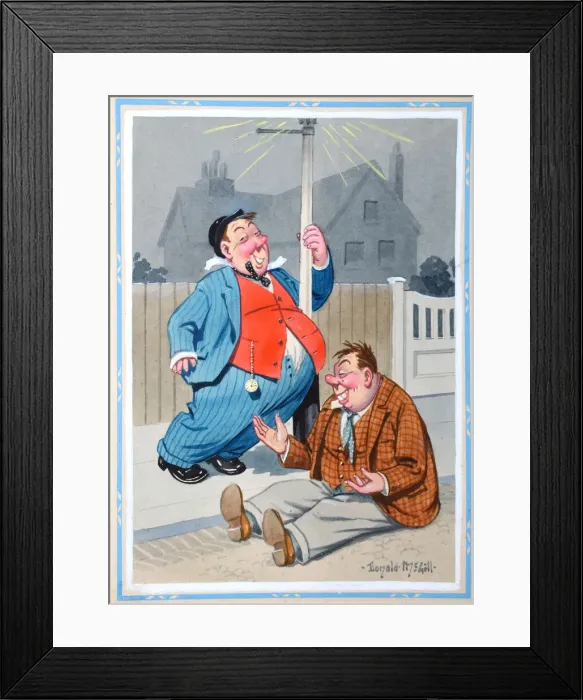 Framed Print : Comic postcard, Two drunken men in the street Date: 20th century Framed Print : Comic postcard, Two drunken men in the street Date: 20th century