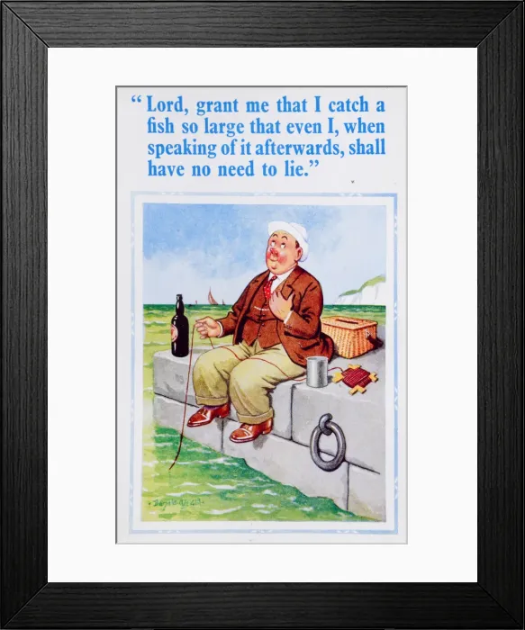 Framed Print : Comic postcard, Man fishing and praying at the seaside Framed Print : Comic postcard, Man fishing and praying at the seaside