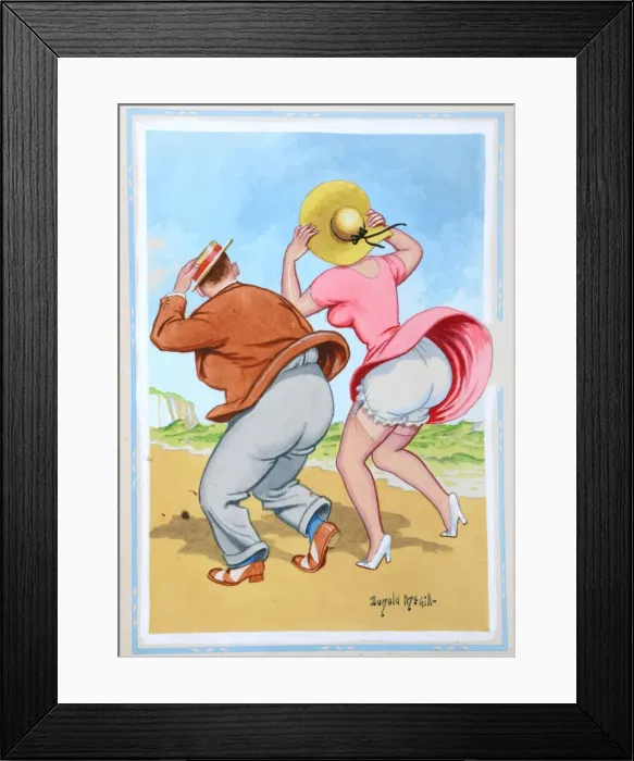 Framed Print : Comic postcard, Couple at the seaside on a windy day Date: 20th century Framed Print : Comic postcard, Couple at the seaside on a windy day Date: 20th century