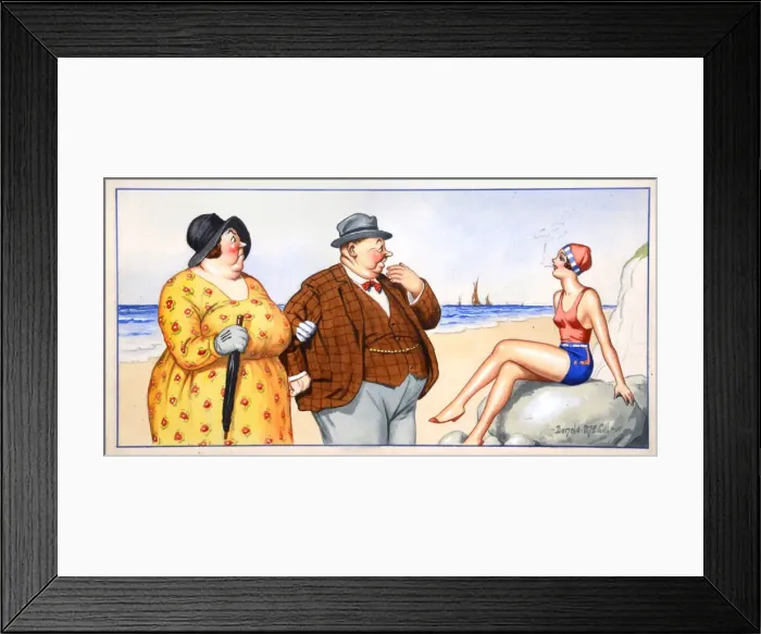 Framed Print : Comic postcard, Plump couple and pretty woman at the seaside Date: 20th century Framed Print : Comic postcard, Plump couple and pretty woman at the seaside Date: 20th century
