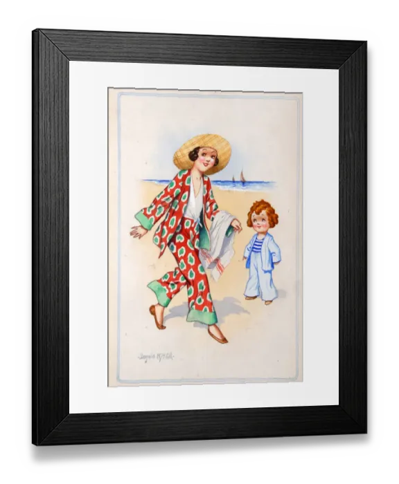 Framed Print : Comic postcard, Pretty woman and little girl at the seaside Date: 20th century Framed Print : Comic postcard, Pretty woman and little girl at the seaside Date: 20th century