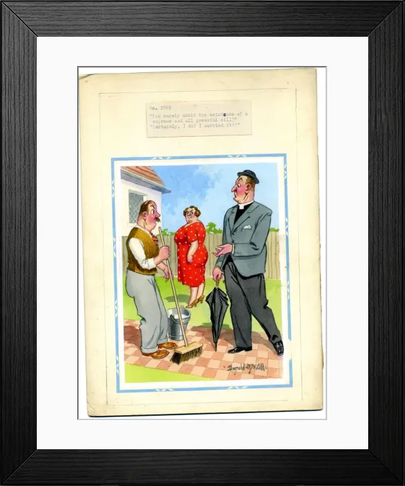 Framed Print : Comic postcard, Vicar with married couple Date: 20th century Framed Print : Comic postcard, Vicar with married couple Date: 20th century