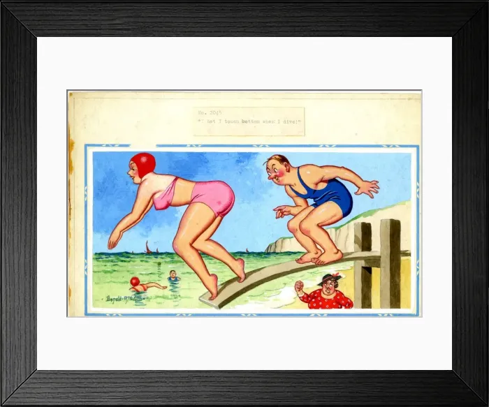 Framed Print : Comic postcard, Woman and man diving into the sea, with the mans annoyed wife standing Framed Print : Comic postcard, Woman and man diving into the sea, with the mans annoyed wife standing