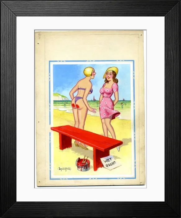 Framed Print : Comic postcard, Two pretty women on the beach Framed Print : Comic postcard, Two pretty women on the beach