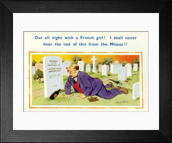 Framed Print : Comic postcard, drunkard in cemetery Date: 20th century Framed Print : Comic postcard, drunkard in cemetery Date: 20th century