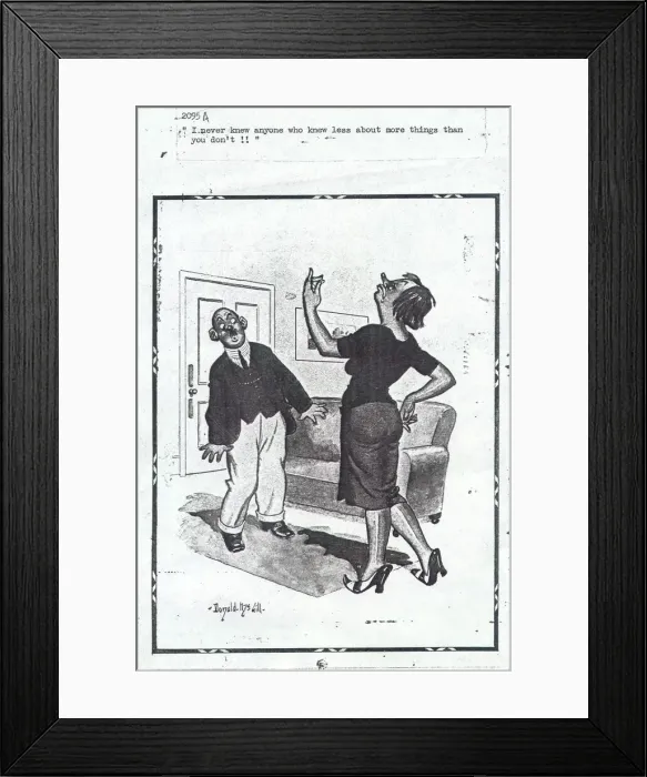 Framed Print : Comic postcard, Woman annoyed with husband for his lack of knowledge Date Framed Print : Comic postcard, Woman annoyed with husband for his lack of knowledge Date