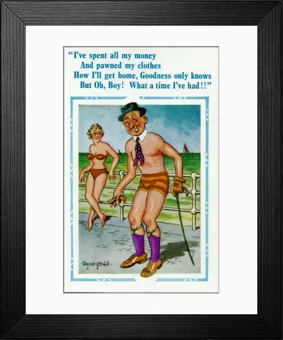 Framed Print : Comic postcard, Man has fun at the seaside Framed Print : Comic postcard, Man has fun at the seaside