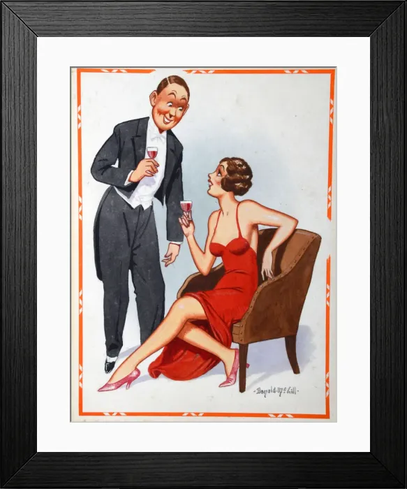 Framed Print : Comic postcard, Man and woman chatting at a party Framed Print : Comic postcard, Man and woman chatting at a party