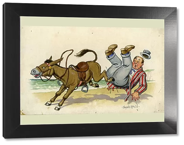 Comic postcard, Man falling off a donkey on the beach Date: 20th century