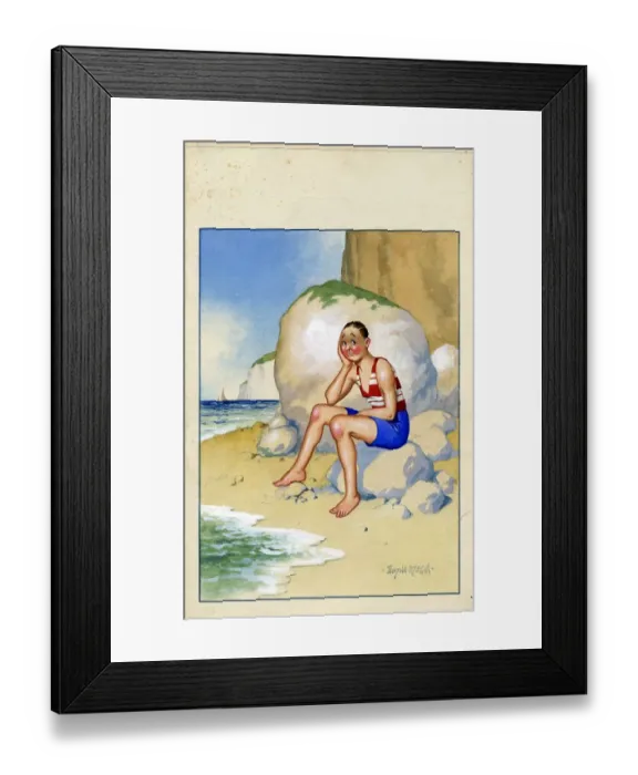 Framed Print : Comic postcard, Man sitting alone on the beach, looking sad Date: 20th century Framed Print : Comic postcard, Man sitting alone on the beach, looking sad Date: 20th century