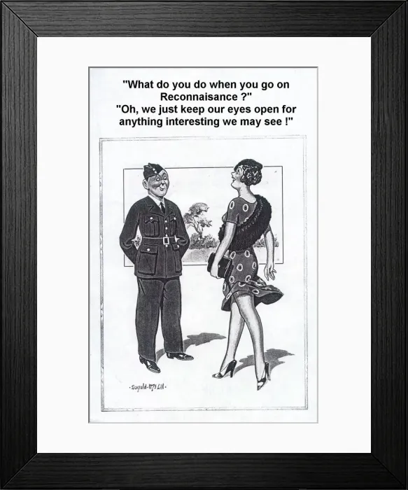 Framed Print : Comic postcard, Woman chats with soldier, WW2 Date: circa 1940s Framed Print : Comic postcard, Woman chats with soldier, WW2 Date: circa 1940s