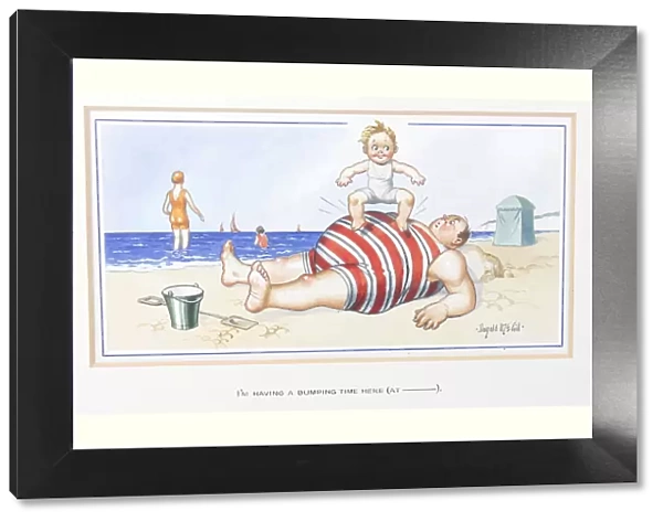 Comic postcard, Plump man and boy on the beach