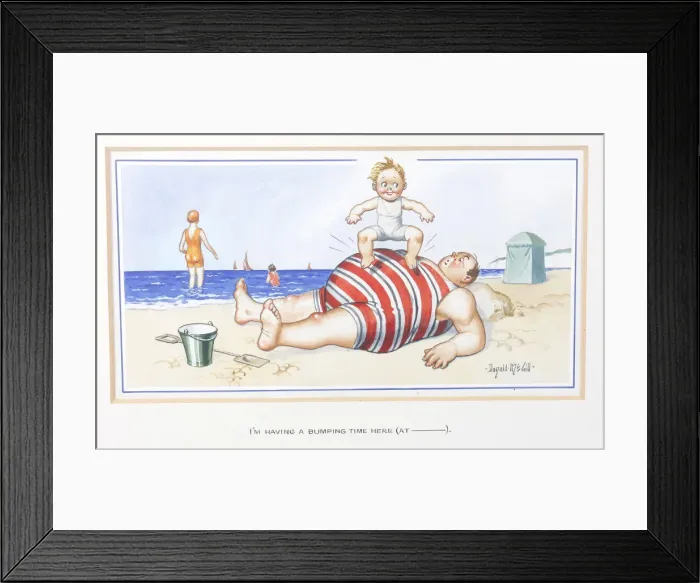 Framed Print : Comic postcard, Plump man and boy on the beach Framed Print : Comic postcard, Plump man and boy on the beach