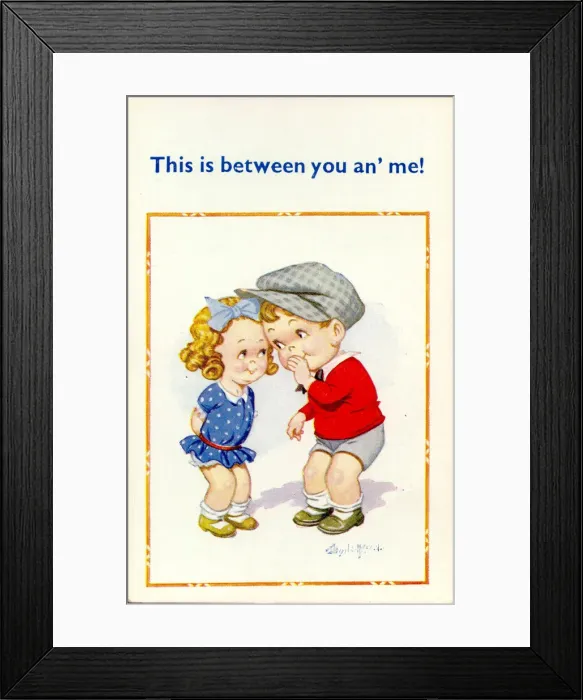 Framed Print : Comic postcard, Little girl and boy sharing a secret Date: 20th century Framed Print : Comic postcard, Little girl and boy sharing a secret Date: 20th century