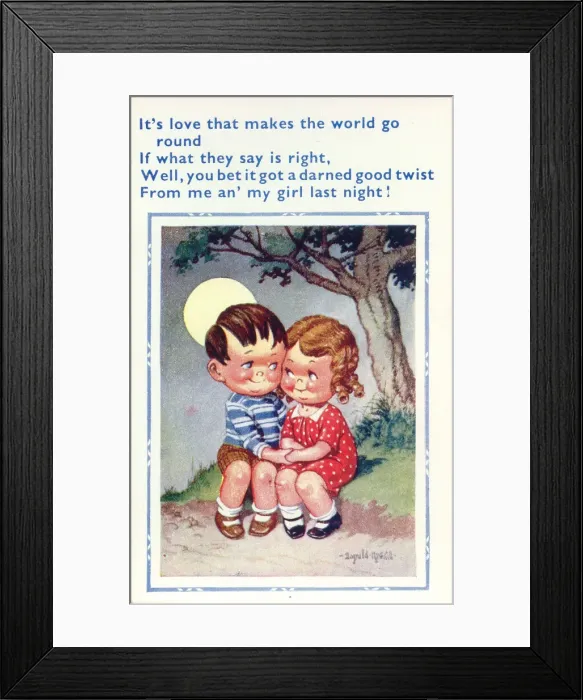 Framed Print : Comic postcard, Girl and boy holding hands in the moonlight Date: 20th century Framed Print : Comic postcard, Girl and boy holding hands in the moonlight Date: 20th century