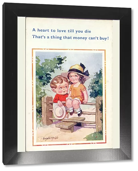 Comic postcard, Girl and boy sitting on a stile Date: 20th century