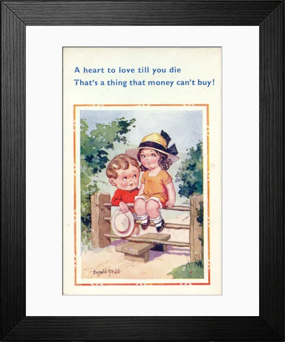 Framed Print : Comic postcard, Girl and boy sitting on a stile Date: 20th century Framed Print : Comic postcard, Girl and boy sitting on a stile Date: 20th century