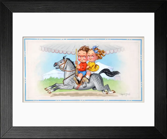 Framed Print : Comic postcard, Girl and boy riding on a roundabout horse Date: 20th century Framed Print : Comic postcard, Girl and boy riding on a roundabout horse Date: 20th century