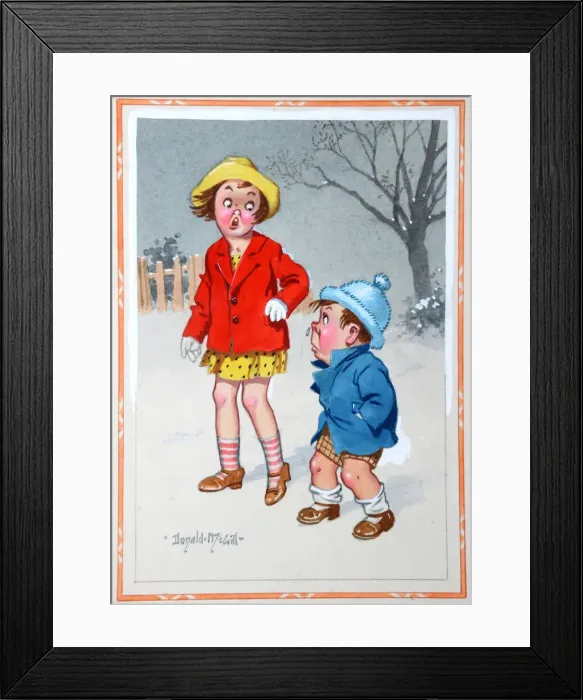 Framed Print : Comic postcard, Unhappy girl and boy in the snow Date: 20th century