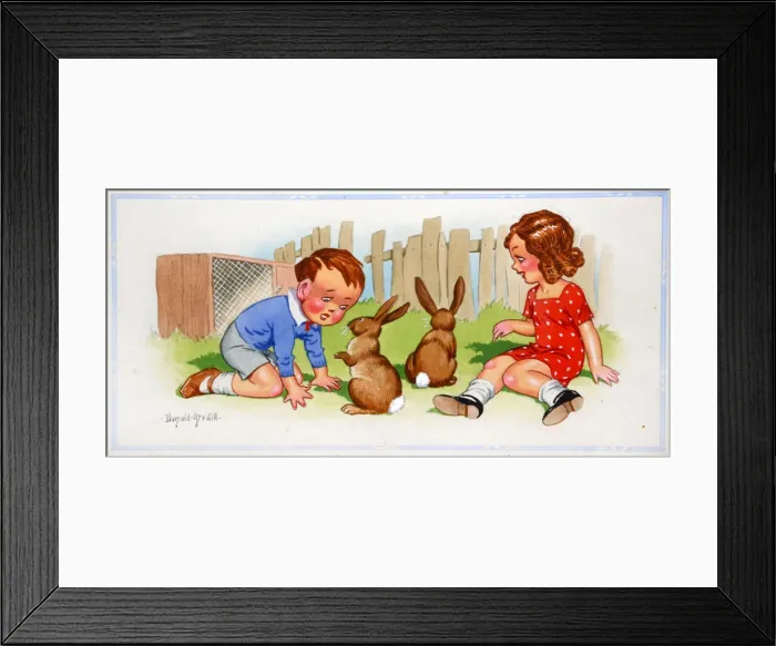 Framed Print : Comic postcard, Girl and boy with rabbits Framed Print : Comic postcard, Girl and boy with rabbits