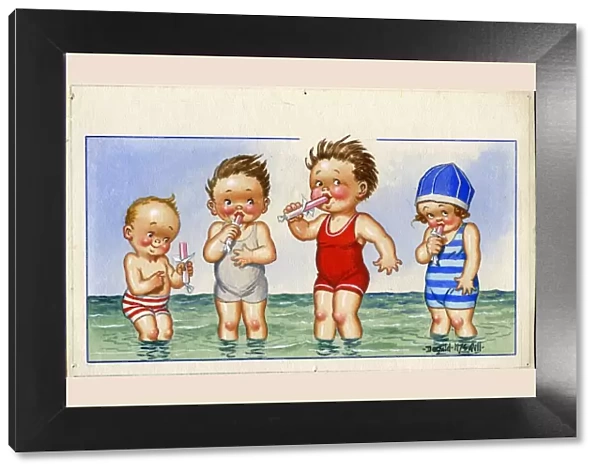 Comic postcard, Four children paddling in the sea, eating pink sticks of rock Date