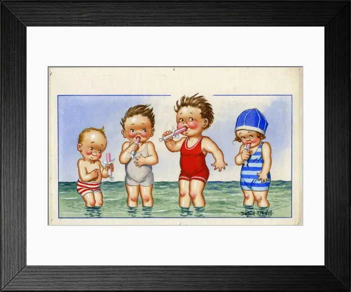 Framed Print : Comic postcard, Four children paddling in the sea, eating pink sticks of rock Date Framed Print : Comic postcard, Four children paddling in the sea, eating pink sticks of rock Date