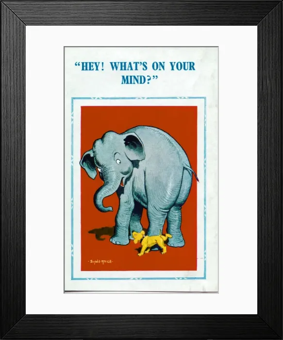 Framed Print : Comic postcard, Elephant and dog Date: 20th century Framed Print : Comic postcard, Elephant and dog Date: 20th century
