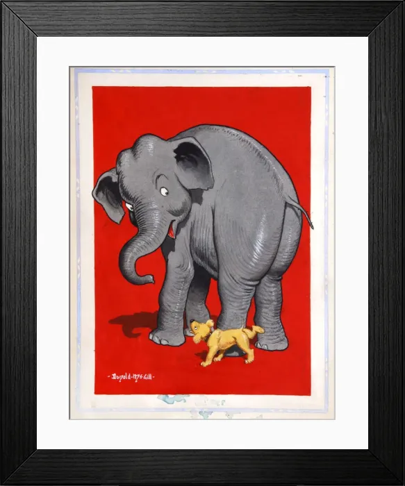 Framed Print : Comic postcard, Elephant and dog Framed Print : Comic postcard, Elephant and dog