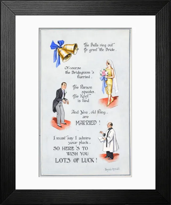 Framed Print : Comic postcard, Couple getting married Framed Print : Comic postcard, Couple getting married