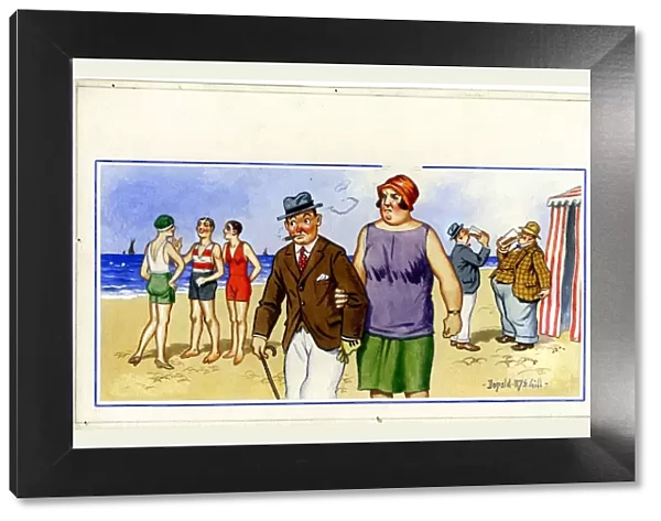 Comic postcard, Middle aged couple at the seaside, not having any fun Date