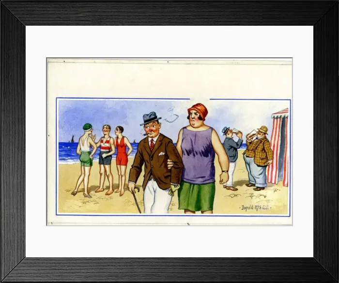 Framed Print : Comic postcard, Middle aged couple at the seaside, not having any fun Date Framed Print : Comic postcard, Middle aged couple at the seaside, not having any fun Date
