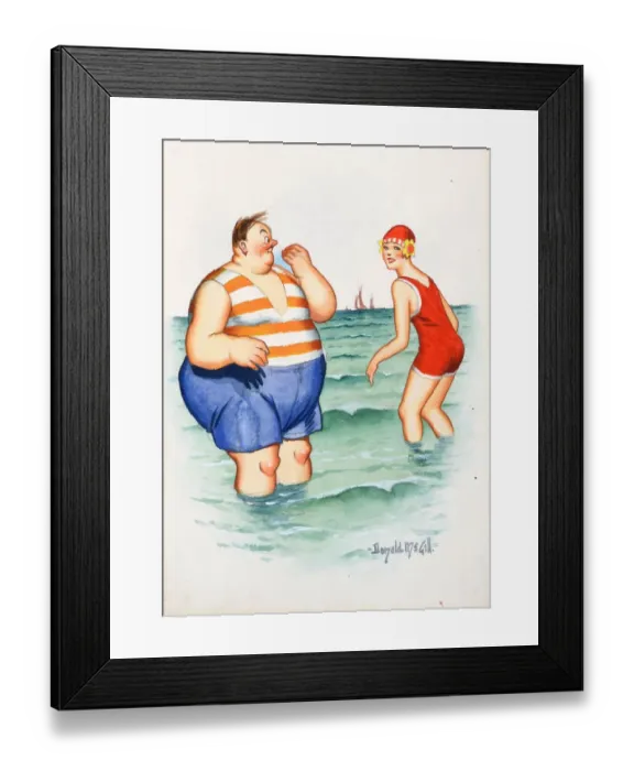 Framed Print : Comic postcard, Plump man and pretty woman at the seaside Framed Print : Comic postcard, Plump man and pretty woman at the seaside