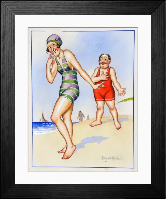 Framed Print : Comic postcard, Man and woman on the beach Date: 20th century Framed Print : Comic postcard, Man and woman on the beach Date: 20th century