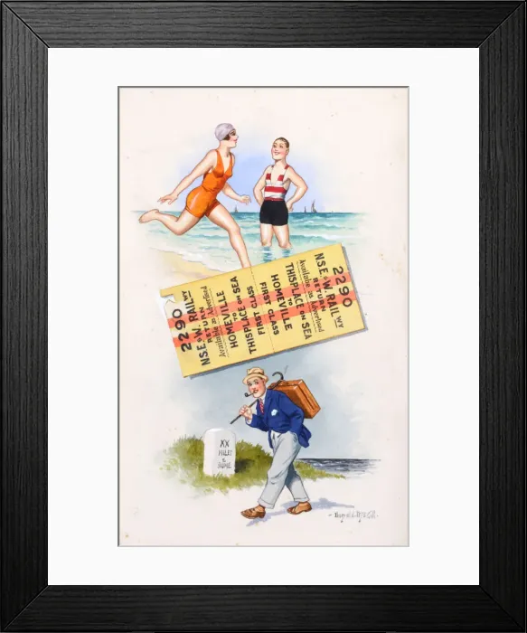 Framed Print : Comic postcard, Seaside scenes and railway ticket Date: 20th century Framed Print : Comic postcard, Seaside scenes and railway ticket Date: 20th century