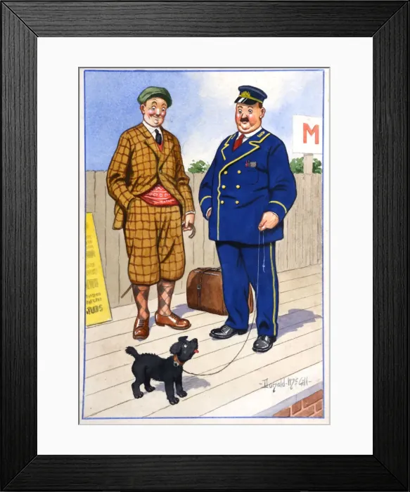 Framed Print : Comic postcard, Two men and dog on railway platform Date: 20th century Framed Print : Comic postcard, Two men and dog on railway platform Date: 20th century
