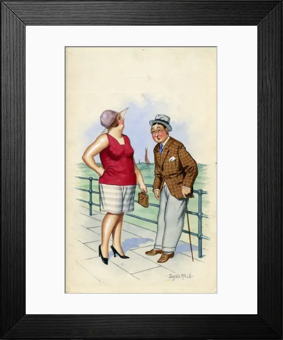Framed Print : Comic postcard, Man and woman on the promenade Framed Print : Comic postcard, Man and woman on the promenade